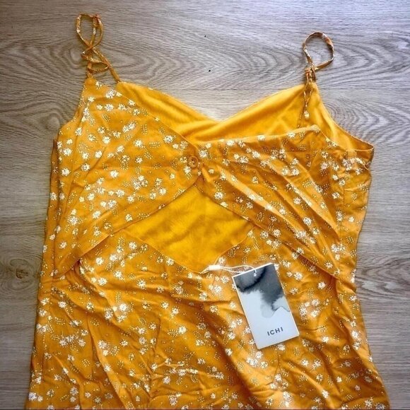 ICHI Floral Yellow Dress Sz 42 Cottagecore Spring Slip Dress - Picture 8 of 11